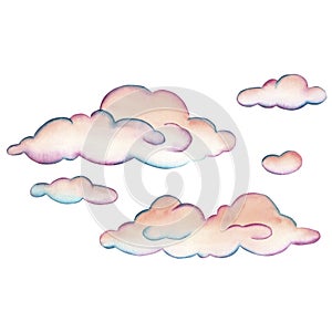 Watercolor pink clouds, rainbow sky, clipart on a white background. An illustration for the design of children's