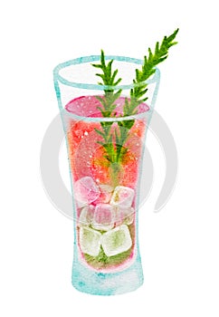 Watercolor pink cocktail. Summer refreshing alcoholic drink with grapefruit, ice and rosemary
