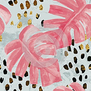 Watercolor pink colored monstera on rough brush strokes background