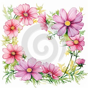 Watercolor Pink Cosmos Flowers Frame On White Background