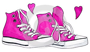 Watercolor pink crimson sneakers pair shoes hearts love vector