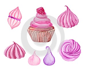 Watercolor pink cupcake with berry and marshmellaw and merengues on white background