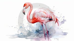 Watercolor pink flamingo isolated on white background. Generative AI