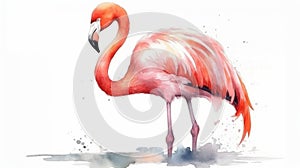 Watercolor pink flamingo isolated on white background. Generative AI