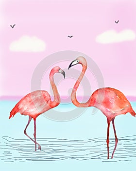 Watercolor pink flamingo on a pink background in water
