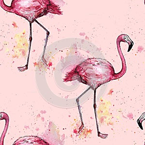 Watercolor pink flamingo seamless pattern in watercolor splashes. Romantic flamingo pattern for the design of wallpaper, fabric,