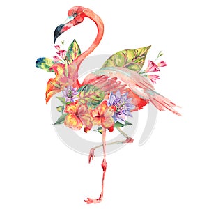 Watercolor pink flamingo and tropical flowers