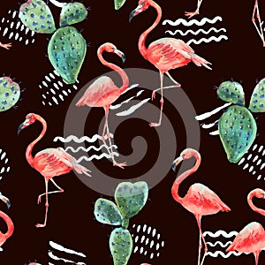 Watercolor pink flamingo and tropical flowers seamless pattern
