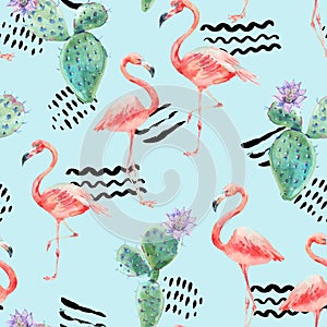 Watercolor pink flamingo and tropical flowers seamless pattern