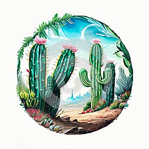 Watercolor with Pink-flowered cacti grow in the desert