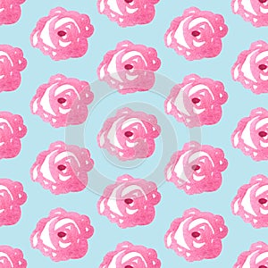 Watercolor pink flowers roses peonies peony Seamless pattern on blue background. simple ornament, fashion print and trend of the