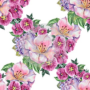 Watercolor pink flowers. Seamless pattern for design on a white background.