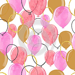 Watercolor pink and glittering gold balloons seamless pattern.