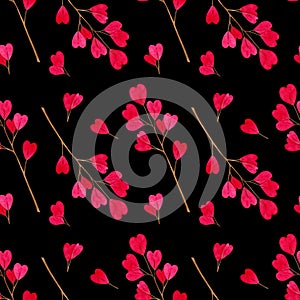 Watercolor pink heart shape leaves on branch. Hand drawn floral seamless pattern isolated on black background.