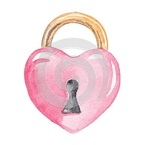 Watercolor pink heart shaped padlock with golden element isolated on white background