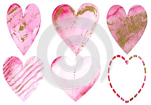 Watercolor pink hearts with golden spots. Valentine`s Day beautiful decoration