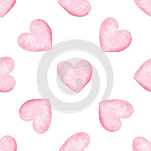 Watercolor pink hearts seamless pattern on white background