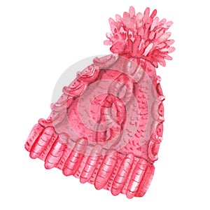 Watercolor pink knitted hat with a big pompom