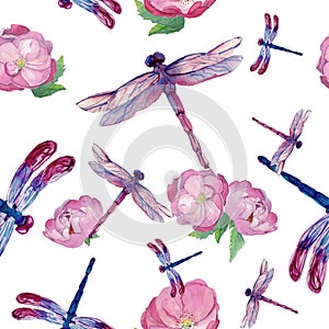 Watercolor pink and lilac color dragonflys in seamless pattern with peonies.