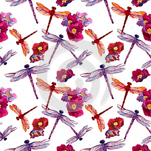 Watercolor pink and lilac color dragonflys in seamless pattern with peonies.