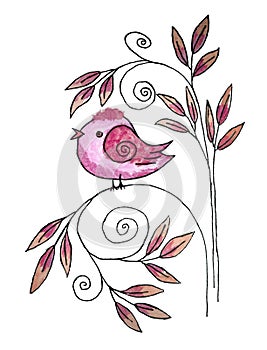 Watercolor pink nestling sitting on an abstract plant branch with curls, isolated on white background. Hand-drawn art with a bird