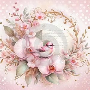 Watercolor pink orchid vintage bird shabby chic background photo