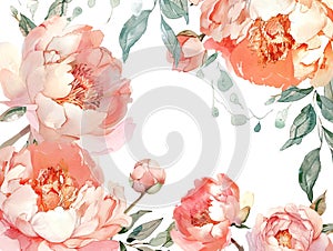 Watercolor pink peonies flowers border on white