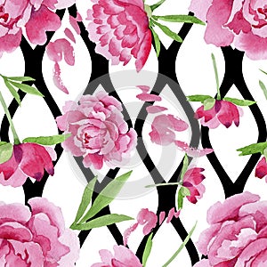 Watercolor pink peony flower. Floral botanical flower. Seamless background pattern.