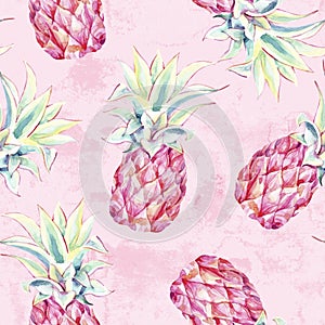 Watercolor pink pineapples on grunge background. Artistic tropical fruit seamless pattern