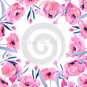 Watercolor pink poppies and floral branches card template, hand drawn on a white background, Save the date card design