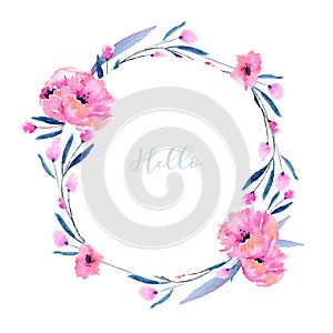 Watercolor pink poppies and floral branches circle frame border