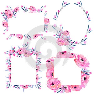 Watercolor pink poppies and floral branches frame borders collection on a white background