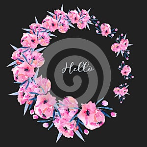 Watercolor pink poppies wreath, hand drawn isolated on a dark background