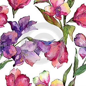 Watercolor pink and purple alstroemeria flower. Floral botanical flower. Seamless background pattern.
