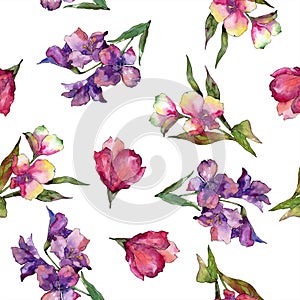 Watercolor pink and purple alstroemeria flower. Floral botanical flower. Seamless background pattern.