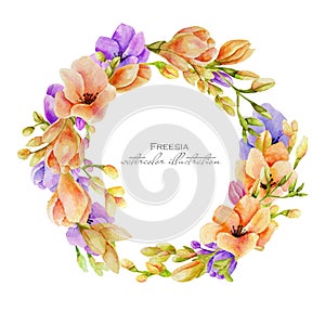Watercolor pink and purple freesia flowers wreath
