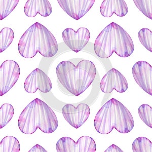 Watercolor pink and purple striped hearts pattern. Valentine's day background. Romantic seampless pattern.