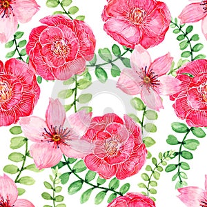 Watercolor pink red sweet Camelia japan flower and cherry blossom isolated frame border on white background for card wallpaper