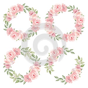 Watercolor pink rose flower wreath collection