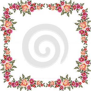 Watercolor pink roses. Floral frame for design.