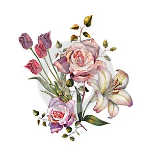 Watercolor pink rose with lily. Hand painted bouquet on a white background.