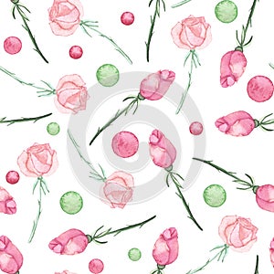 Watercolor Pink Roses And Colorful Spots Seamless Pattern