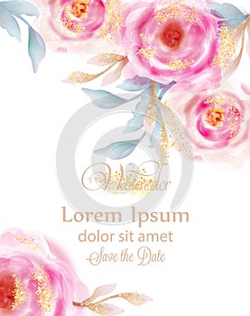 Watercolor pink roses with golden glitter Vector. Invitation card, wedding ceremony, delicate postcard, Women day