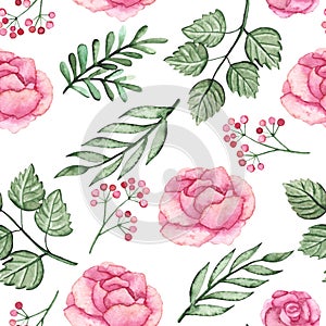 Watercolor Pink Roses And Green Leaves Seamless Pattern