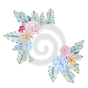 Watercolor pink roses, peach peony flowers frame blue branch, leaves illustration. Hand painted floral design of botanical