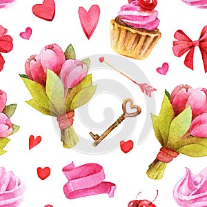 Watercolor pink seamless pattern for valentine`s day