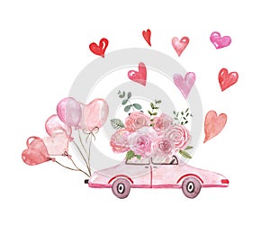 Watercolor pink special delivery car with floral bouquet floral bouquet, air balloons and hearts, isolated. Valentines day