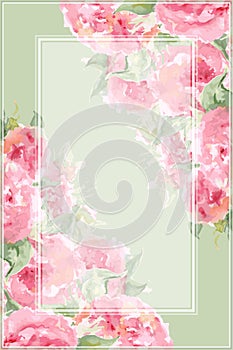 Watercolor pink tea rose peony flower floral composition frame border temple background vector