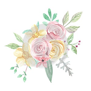 Watercolor Pink Yellow Roses Berries Flowers Spring Summer Wedding Floral Bouquet