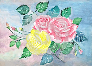 Watercolor pink and yellow roses bouquet art.Hand painted rose flowers and green leaves.Illustration